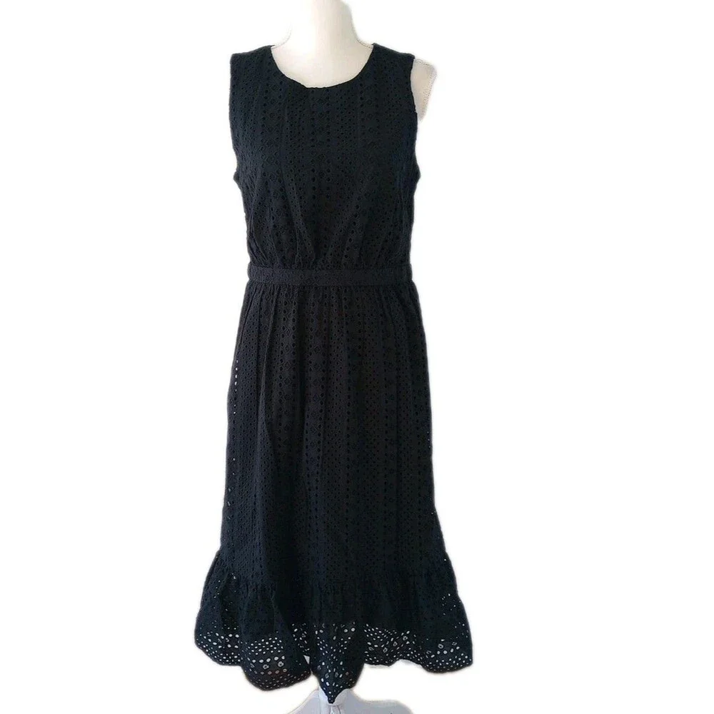 J.Crew Black Eyelet Dress Womens Size 6 Sleeveless Midi Classic Holiday Goth